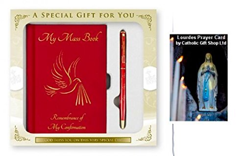 Catholic Gift Shop Ltd Juego de Regalo de confirmación de Paloma roja y bolígrafo de confirmación + Tarjeta de oración de Lourdes