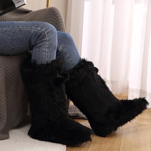 Furry Plush Slipper Booties for Women Warm Fur House Slippers with Anti-slip Sole Home Bedroom Indoor House Boots2