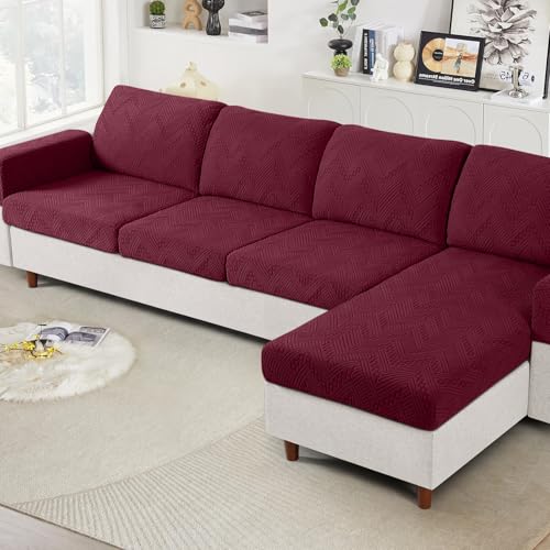 Ruaozz Couch Cushion Covers for Sectional Sofa Stretch Seat Cushion Covers Washable Sofa Slipcovers for L Shaped Soft Furniture Protector Pet Friendly (3 PC Seat + 1 PC Chaise Cover, Wine)