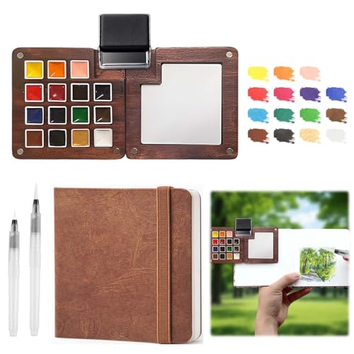 Fakindiy Mini Watercolour Paint Set- Travel Watercolour Set 15 Grid Wood Pocket Water Colour Paints Palette Set With Sketchbook Clip Pen and 15 Colors Art Painting Set Gift for Beginners Artists