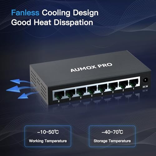 Image of 8 Port Gigabit Unmanaged Ethernet Switch, AUMOX PRO Home Network Hub, Office Ethernet Splitter, Plug-and-Play, Silent Operation, Desktop or Wall Mount, Fanless Metal Design