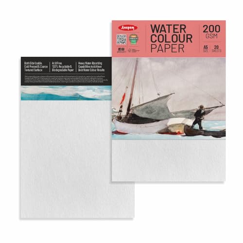 Image of Anupam Professional Watercolour Paper | A5 (21X15CM) 200 GSM Cold Pressed Paper |Acid-Free 20 Sheets| Ideal for Artist, Professional Drawing, Painting Dry & Wet, Fine Art, School, Students