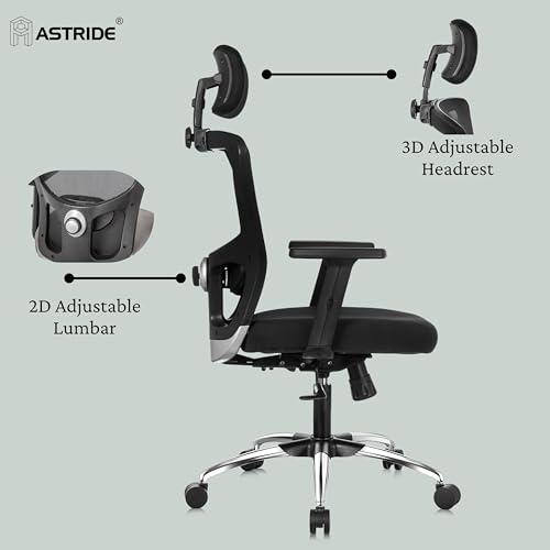 Image of ASTRIDE Aevin Pro Ergonomic Office Chair for Work || 7 Years Warranty || Multi Lock Synchro Mechanism || 2D Soft Arms || 3D Headrest || [Heavy Duty Metal Base, Black]