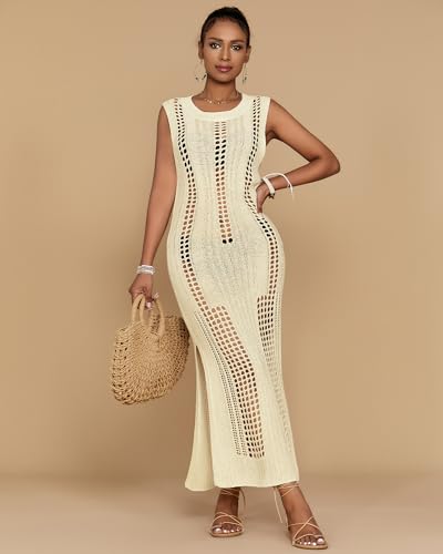 Image of Bsubseach Womens Crochet Beach Cover Ups Sleeveless Swimsuit Dress