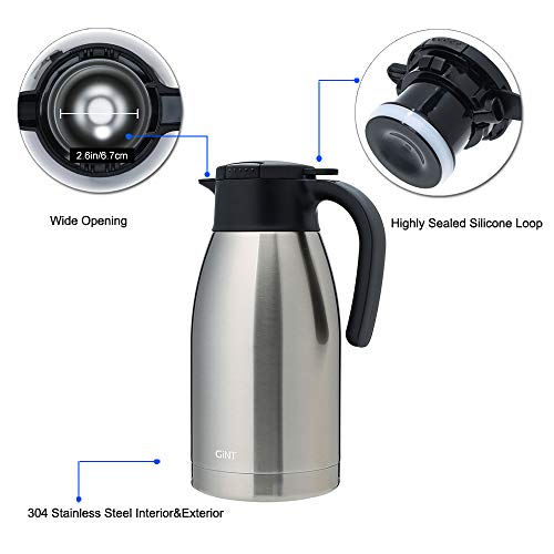 GiNT Stainless Steel Thermal Coffee Carafe with Lid/Double Walled Vacuum Thermos / 12 Hour Heat Retention (Silver, 1.9L) - Thumbnail 3