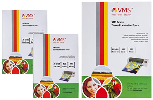 Image of VMS Deluxe 225x310mm 125 Micron A4 Lamination Pouch - 100 Sheets & VMS Deluxe 70x100mm 125 Micron Lamination Pouch - 2 x 100 Sheets