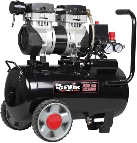 CEVIK PRO - CA-PRO25SILENC - Compresor Aire Silencioso - 59 dB - 25L - 1.5HP - Máx 8 Bar - 150 l/min - Sin Aceite - Dos Salidas de Aire - Compacto y Portátil - Compresor de Pintura y Neumática