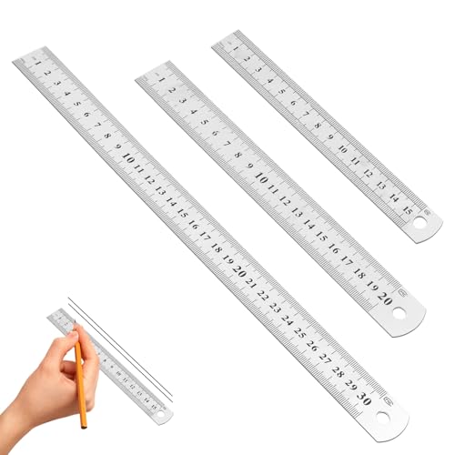 3PCS regla metalica 15 20 30cm regla aluminio o Regla de acero inoxidable, escala métrica/imperial Versátil para hobby, escuela y trabajo, para mochila y bolso, robusta y duradera (metal)