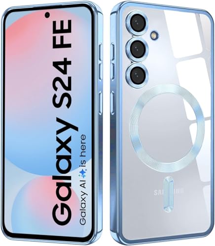 Image of VONZEE Clear Logo Electroplating Transparent Case for Samsung Galaxy S24 FE 5G, Magnetic Plating [Support for MagSafe Charger] TPU Cover, Individual Camera Protection for Each Lens- Sierra Blue