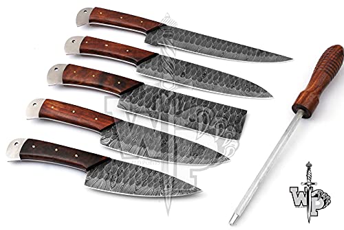 World Points 1027 Rose Wood Damascus Kitchen Knife Set Professional 6 Piece, Handmade Damascus Steel Chef Knife Set With Chopper/Cleaver And 6 Pocket Original Leather Roll Bag, Wp-1027 #TOP1