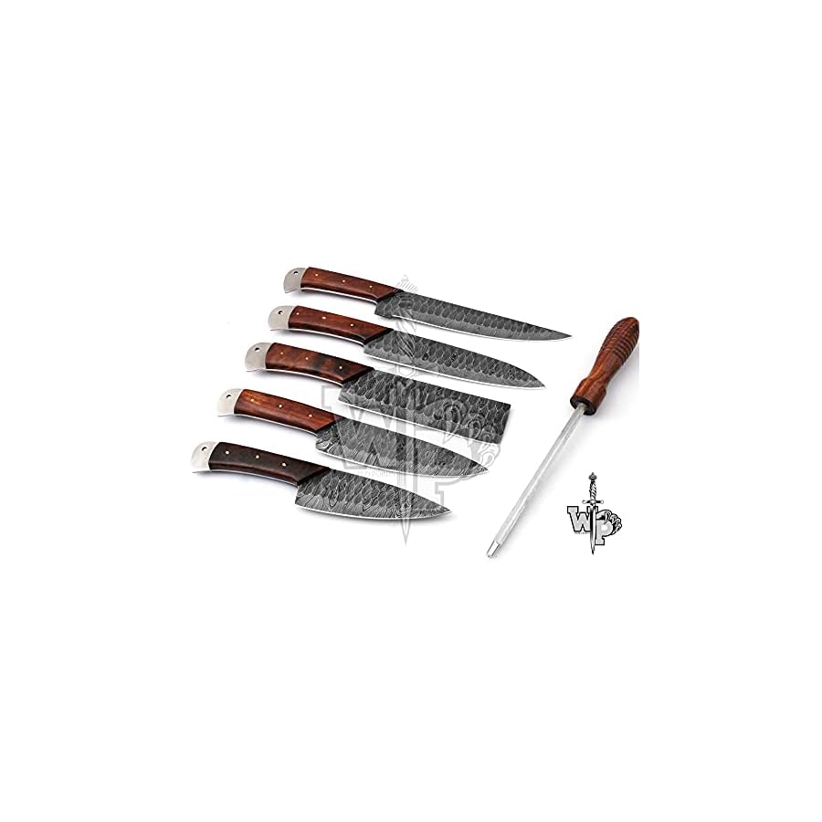 1027-Rose-Wood-Damascus-Kitchen-Knife-Set-Professional-6-Piece-Handmade-Damascus-Steel-Chef-Knife-Set-with-ChopperCleaver-And-6-Pocket-Original-Leather-Roll-Bag-WP-1027 World Points 1027 Rose Wood Damascus Kitchen Knife Set Professional 6 Piece, Handmade Damascus Steel Chef Knife Set with Chopper/Cleaver And 6 Pocket Original Leather Roll Bag, WP-1027