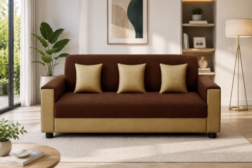 Image of 3 Seater Wooden Sofa | Velvet Fabric Couch with Cushions | Comfortable Living Room Sofa | Sturdy Wooden Frame | Home & Office Furniture | Brown & Beige