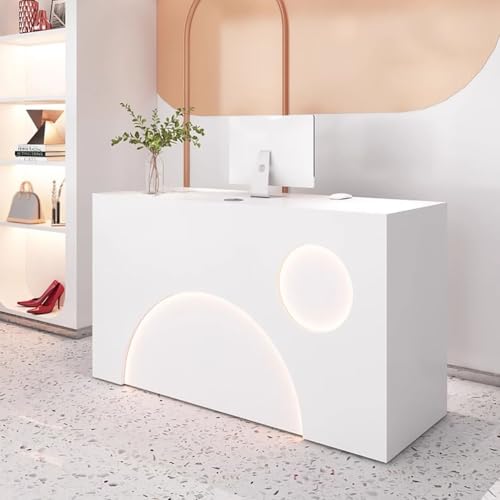 BK&MF 木製 カウンターテーブル,モダンホワイト受付カウンター LEDライト付き 大空間ロック引き出し幅80-150cm組み立てが簡単 オフィス受付台 お店 美容室 アパレルショップ 会社フロント,B,120x50x100cm(47x20x39inch