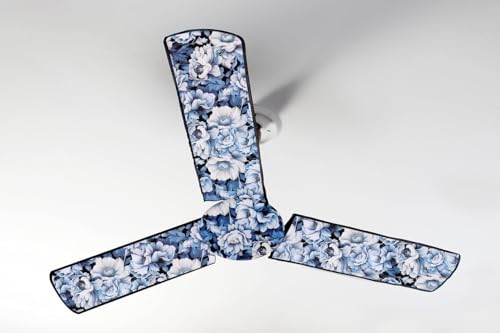 Image of Dustproof Premium Three Blade Ceiling Fan Cover with attachable Enclosure, Set of 1 Fan Cover (Blue Flower).