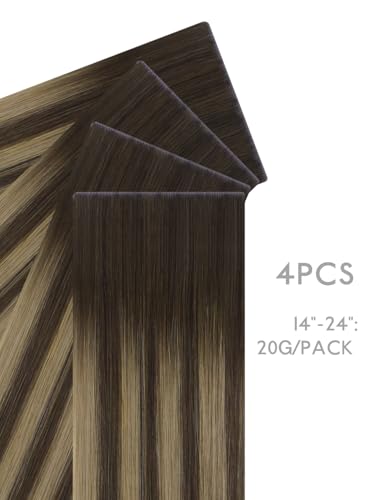 Image of WENNALIFE Invisi Edge 8cm Tape in Hair Extensions Human Hair | 20 Inch 20g 4pcs Balayage Chocolate Brown to Caramel Blonde Invisi Remy Tape Ins Straight Reusable tensiones