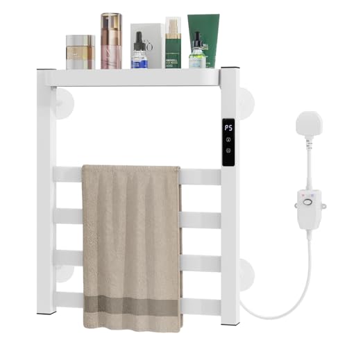 ZealWe Towel Warmer Wall Mounted Aluminum Heated Towel Rail with Top Shelf and 9H Timer Electric Towel Heaters Drying Rack with Touch Panel for Bathroom White