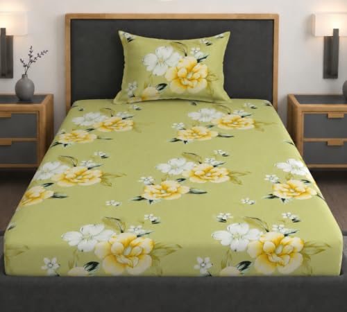 Image of Vaini Premium Heavy Cotton Elastic Fitted Bedsheets with 1 King Size Pillow Covers || Single Bed with All Around Elastic 350 TC || 36 x 78 x 6 Inch Single Size Fitted || :- Light Green Flower