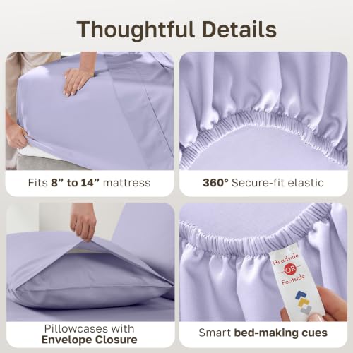 Image of California Design Den King Size Sheets Set - Natural 100% Cotton Sheets King, Soft Sateen Weave, Fully Elasticized Deep Pockets, Breathable and Durable Bedding - Lavender