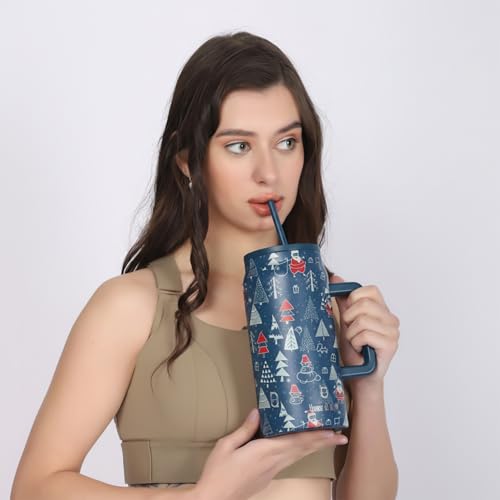 Image of House of Quirk 1500ML Stainless Steel Mug Tumbler with Handle & Straw Lid - Large Water Bottle for Men & Women (Merry Blue)
