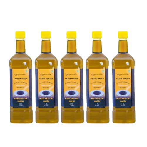 Image of Jagwonder Cold Pressed Mustard Oil 5 litre (1 Litre 5 Bottles) Wood pressed Kolhu /Kacchi Ghani /Chekku Natural Processed Chemical free Cold Pressed Mustard Oil for Cooking (1 L (Pack of 1))