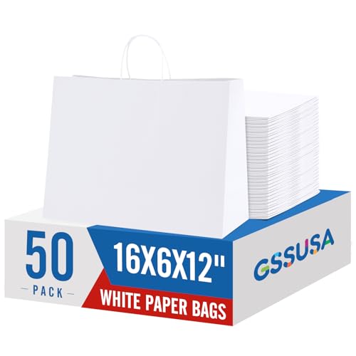 GSSUSA Large Paper Bags with Handles16x6x12 White 50Pcs, Kraft Paper Shopping Bags Bulk for Small Business, Valentines Day, Grocery, Boutique, Merchandise