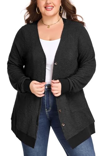 Women's Plus Size Waffle Knit Cardigan Soft Casual Long Sleeve Front Button Tops with Pockets3