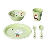 Koziol HOP ON AT HOME Kindergeschirrset 5-teilig | Teller + Schale + Becher + Besteckset | für Kinder ab 6 Monaten | biozirkulärer Kunststoff, bruchfest, spülmaschinengeeignet (pistachio)
