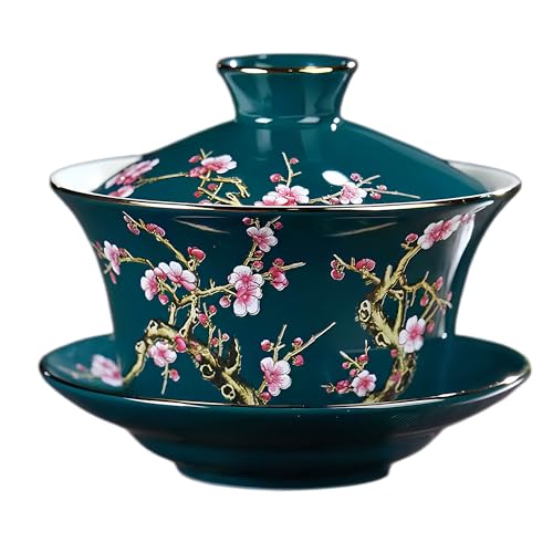 KOPYFANTAP Gaiwan 300ml, Chinesische Teetasse mit Deckel, Traditionelle Porzellan Teebecher mit Reliefmuster für Pflaume, Grün