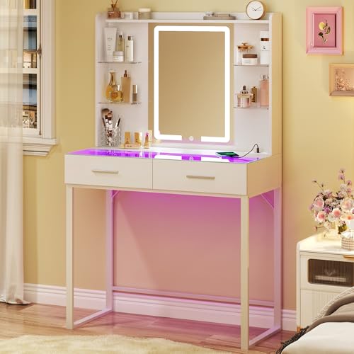 HUAHUU Vanity Desk with Mirror and LED Lights, 31' Small Makeup Vanity with Glass Top & Power...