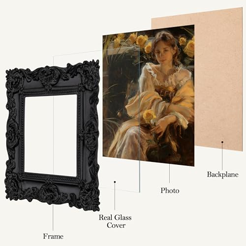 Image of eletecpro 4x4 Vintage Picture Frame with Real Glass Cover, Ornate Antique Photo Frame, Display 4x4 Picture for Tabletop or Wall, Black Home Decor for Gallery Art
