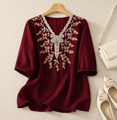 Image of RIEKA Womens Embroidered Korean Style Tunic Top, Floral Thread Work | V Neck | Puff Sleeves | Relaxed Fit Casual | Fusion Rayon Top for Every Day Styling
