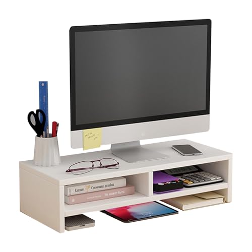 Image of VBM Monitor Riser Stand Bamboo Computer Laptop, Printer, PC with Storage Slot Adjustable Desktop Stand For Home , Office (Monitor Stand (white) 3 Box Simple)