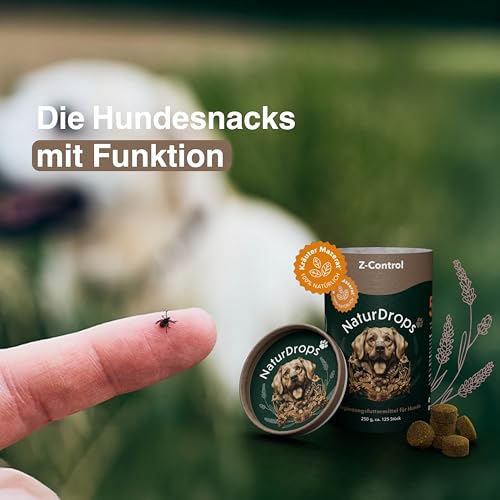 NaturDrops Z-Control Hundesnacks mit Funktion 125 Stück, fermentierte Kräuter, Schutzkomplex aus Kokosöl, Zistrose, Schwarzkümmelöl, Lavendel zur Zeckenabwehr, 100% natürlich - 250 g