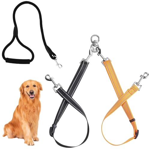 Guinzaglio Doppio per Cani, Ruotare a 360° Guinzaglio Riflettente, Nero Arancione, Anti Aggrovigliamento Riflettere Lunghezza Regolabile, per Cani Medio Piccoli Allenamento Camminata