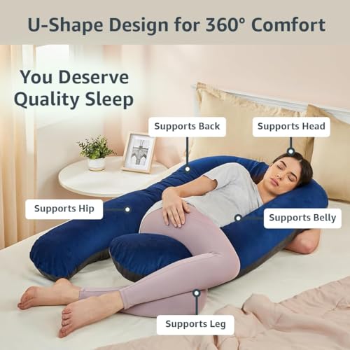 Image of Amazon Basics Velvet Full Body Pregnancy Pillow for Maternity, Baby Nursing, Full Body Support|U-Shaped-Washable Cover with Zip-Blue & Grey
