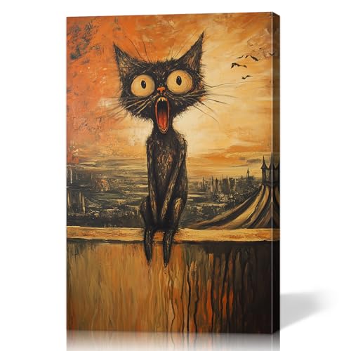 Black Cat Art Wall Decor - Funny Cat Pictures Canvas Wall Art with Inner Wooden Frame (28x40 Inches) - Lightweight & Easy Hanging, Animals Artwork Picture Painting Print for Office & Home Decor