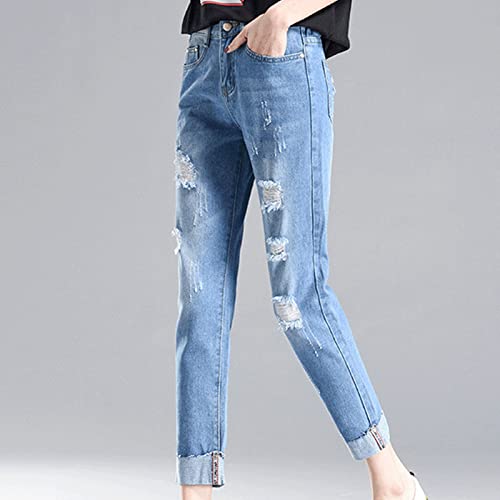 DGHM-JLMY Women's Summer Loose Ripped Jeans Stretch Destroyed Blue Denim Frayed Raw Hem Distressed Denim Pants with Hole4