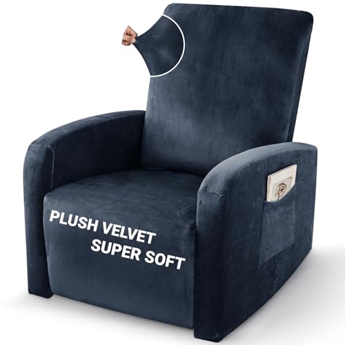 Image of ZNSAYOTX 2026 Velvet Small Recliner Cover 3-Piece, Luxury Plush Recliner Chair Covers with Elastic Band & Ties Stay in Place, Stretch Reclining Slipcover for Lazy Boy Soft Washable (Navy Blue)