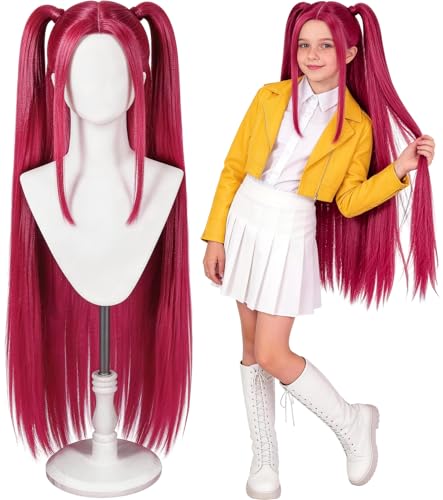 Hot Pink Cosplay Wig for Kids with 2 Ponytails Long Straight Synthetic Wig