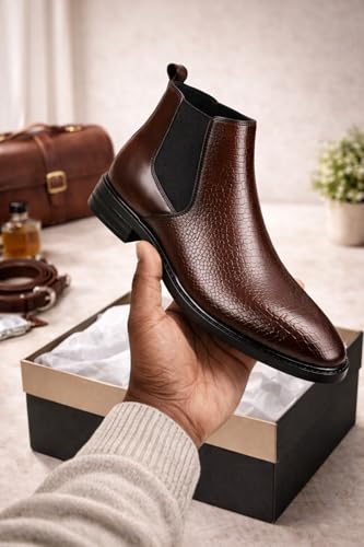 Image of Men's Leather Chelsea Boots | Ankle Boots with Textured Finish Formal & Smart Casual Boots | Comfortable Fit, Trendy, Stylish Boots | Leather Boots for Office /Fashionable