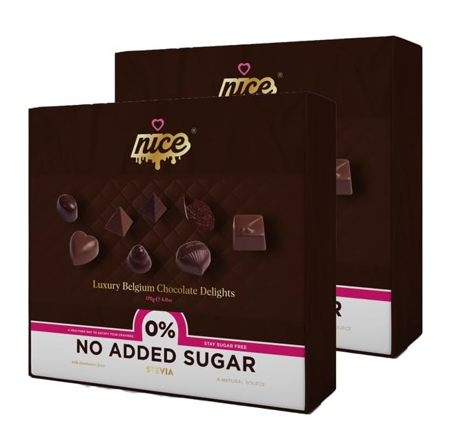 Nice Luxury Assorted Belgium Chocolate Delights No Added Sugar with stevia Diabetic Big Handmade Gift Box 170g Christmas Happy New Year Mothers & Fathers day Valentine for Him & Her (16 Pieces) x 2