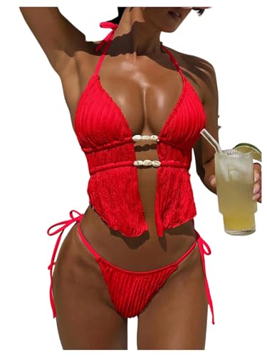 Image of RoseSeek Women's 2 Piece Boho Polka Dots Beaded Bikini Sets Sexy Swimsuits