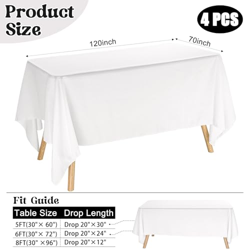 Image of 4 Pack Rectangle Tablecloth for 6 Foot Tables Washable Polyester Table Cover for Wedding Dining Table Parties Banquet（70x120 White）