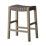 Maven Lane Emerson Counter Stool – 26 Inch – Rectangular Stool with Footrest – Grey Solid Wood & Grey Woven Leather Seat – Perfect for Kitchen Counters & Islands