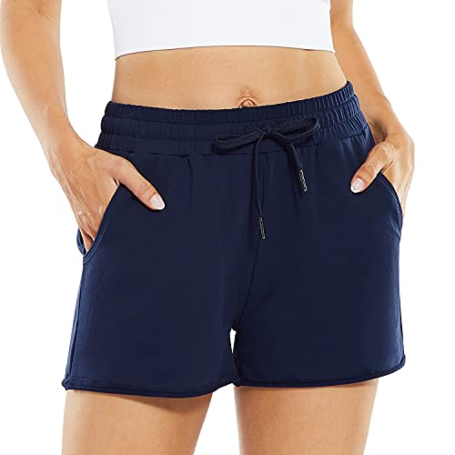 Promover Cotton Lounge Shorts for Women Soft Warm Workout Sweat Shorts Drawstring Yoga Running Shorts with Pockets (Deep Blue, XL)