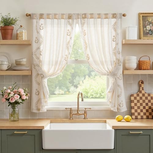 jinchan Beige Floral Linen Kitchen Tier Curtains 45 Inch Back Tab 2 Panels