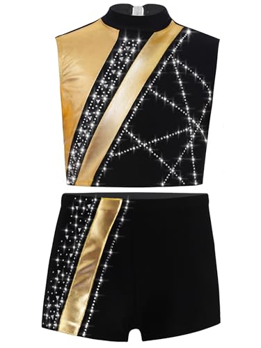 YEAHDOR Kids Girls 2 Piece Gymnastics Ballet Dance Outfits Rhinestones Metallic Crop Tops with Shorts Set Gold 16 Years3