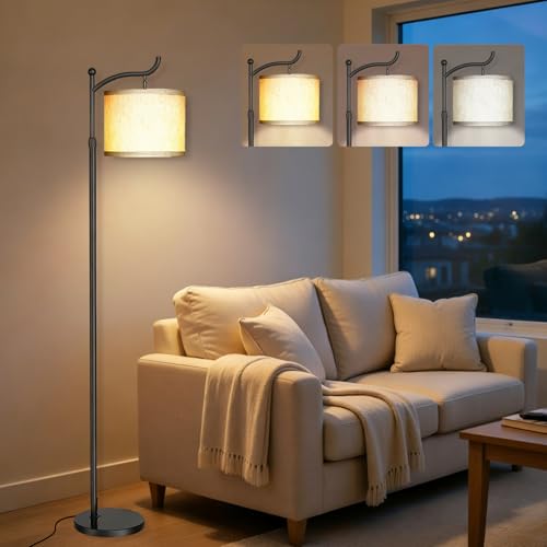 Lampadaire style Mid-Century élégant grand luminaire arqué noir et abat-jour en lin