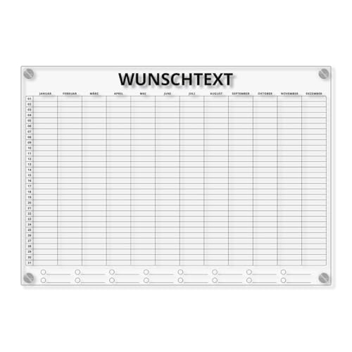 Personalisierter Acrylglas Wandkalender - Büro Jahresplaner abwischbar DIN A3, A2 oder A1 XXL wählbar inkl. Montagematerial und Edelstahl Abstandhalter, langlebig, klarer UV-Druck