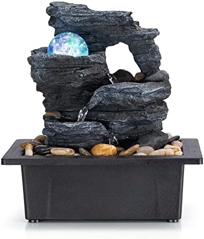 Amootek Tabletop Fountain Rotating Ball Rock Waterfall Fountain Office Tabletop Fountain Includes Many Natural River Rocks Decorated with Colorful Lights and Rolling Ball 9.05" L x 6.89" W x 10.23" H